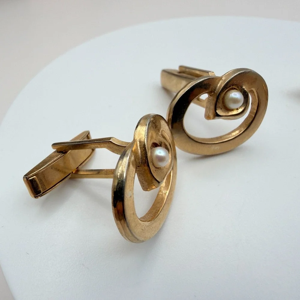 Vintage Y2K Gold Tone Faux Pearl Green Glass Cufflinks Set 2 Pair Men's Jewelry